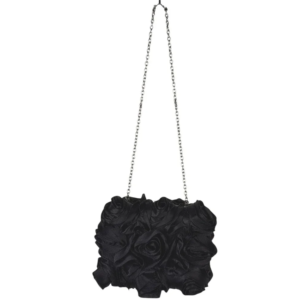 Expressions NYC‎ Black Rose Satin Evening Bag Party Clutch Chain Strap